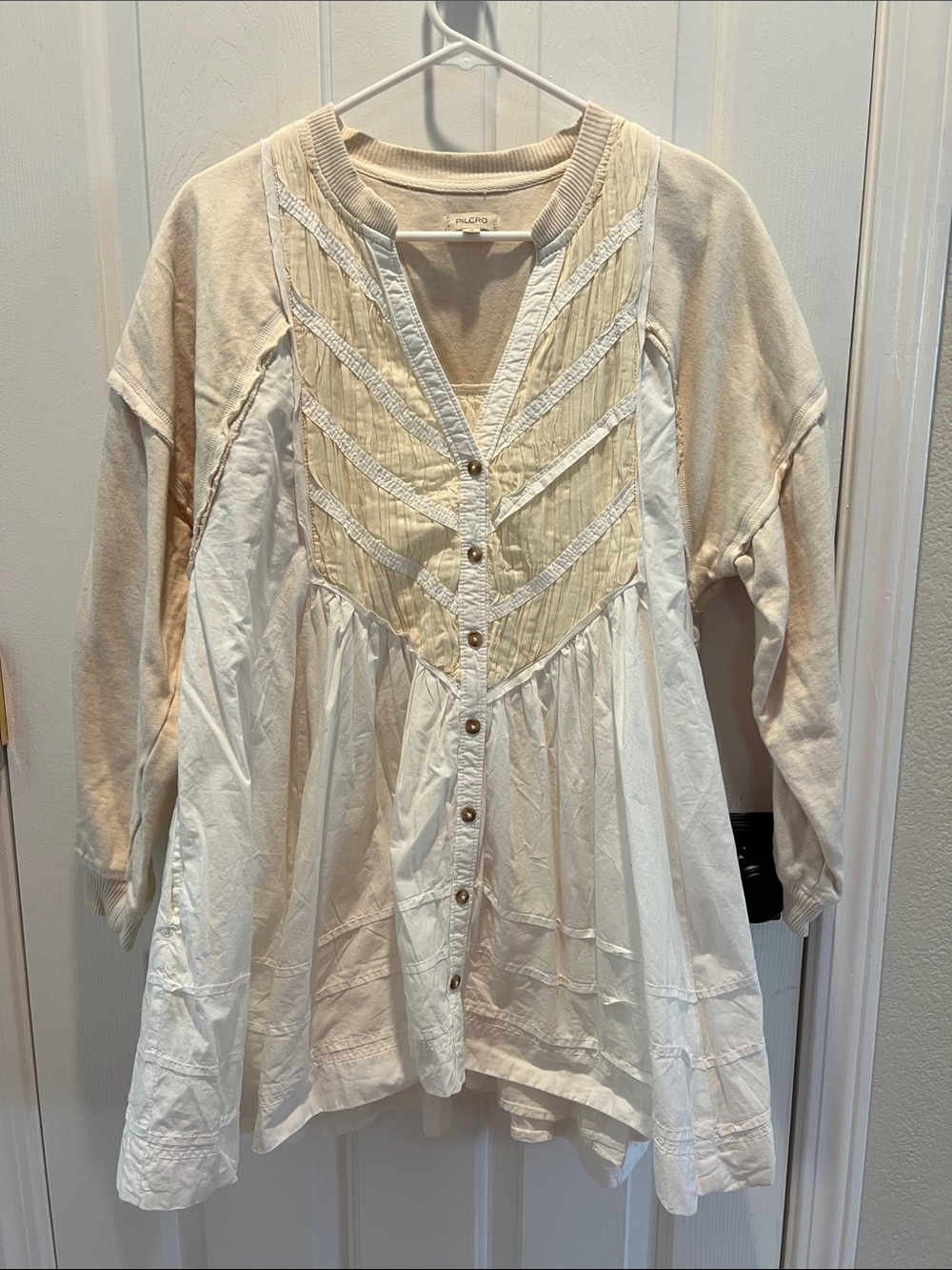 Anthropology Pilcro Two-Tone Boho Button-Front Tunic in Cream and White S